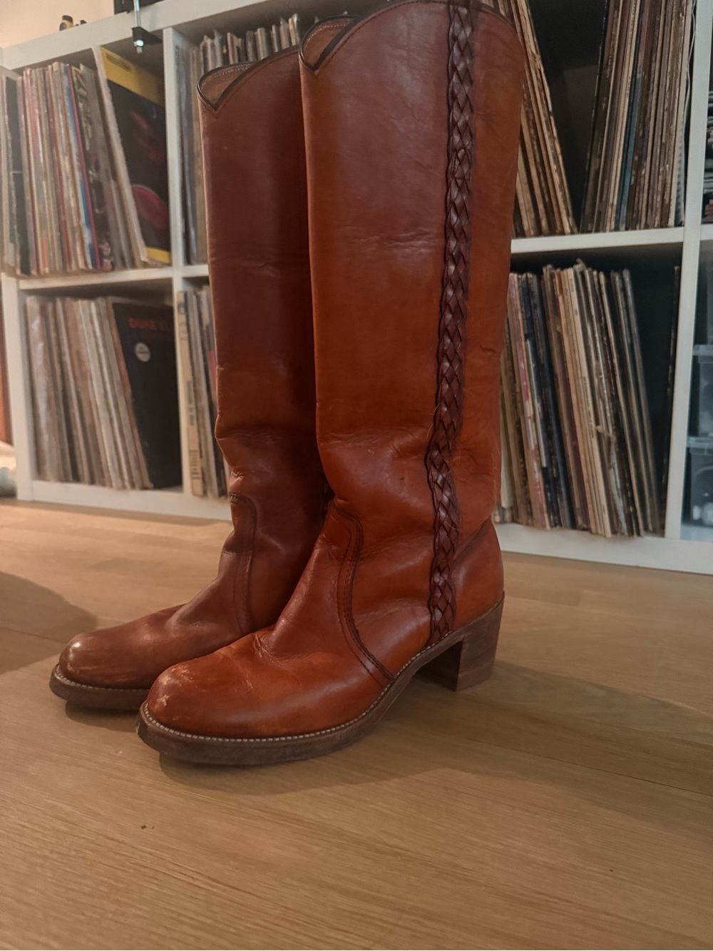 Vintage 1970s FRYE AND CO. Tall Braided-Trim Leather Boots in Brown